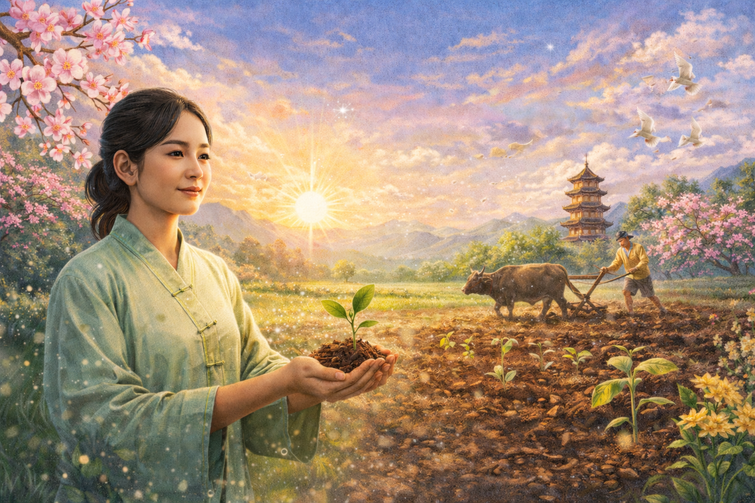Spring Equinox in China showing new plant growth, sunrise, and traditional farming scene symbolizing renewal and hope